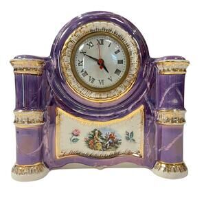 Vintage Sessions Electric Porcelain Mantle Clock Purple Gold Trim 11" WORKING